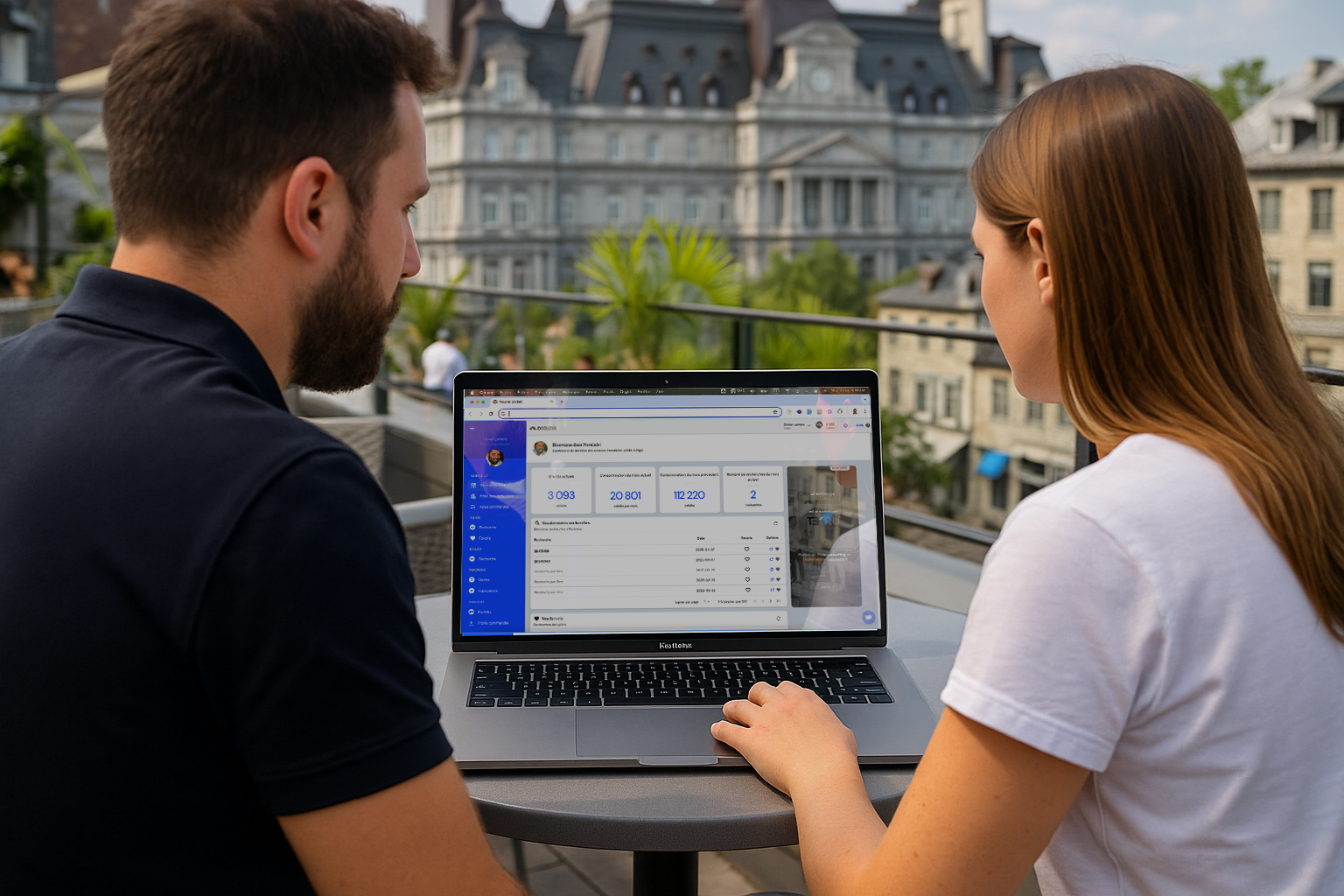 Deux personnes consultent une interface professionnelle sur un MacBook Pro, installés à une table en terrasse avec vue sur l’hôtel de ville de Montréal