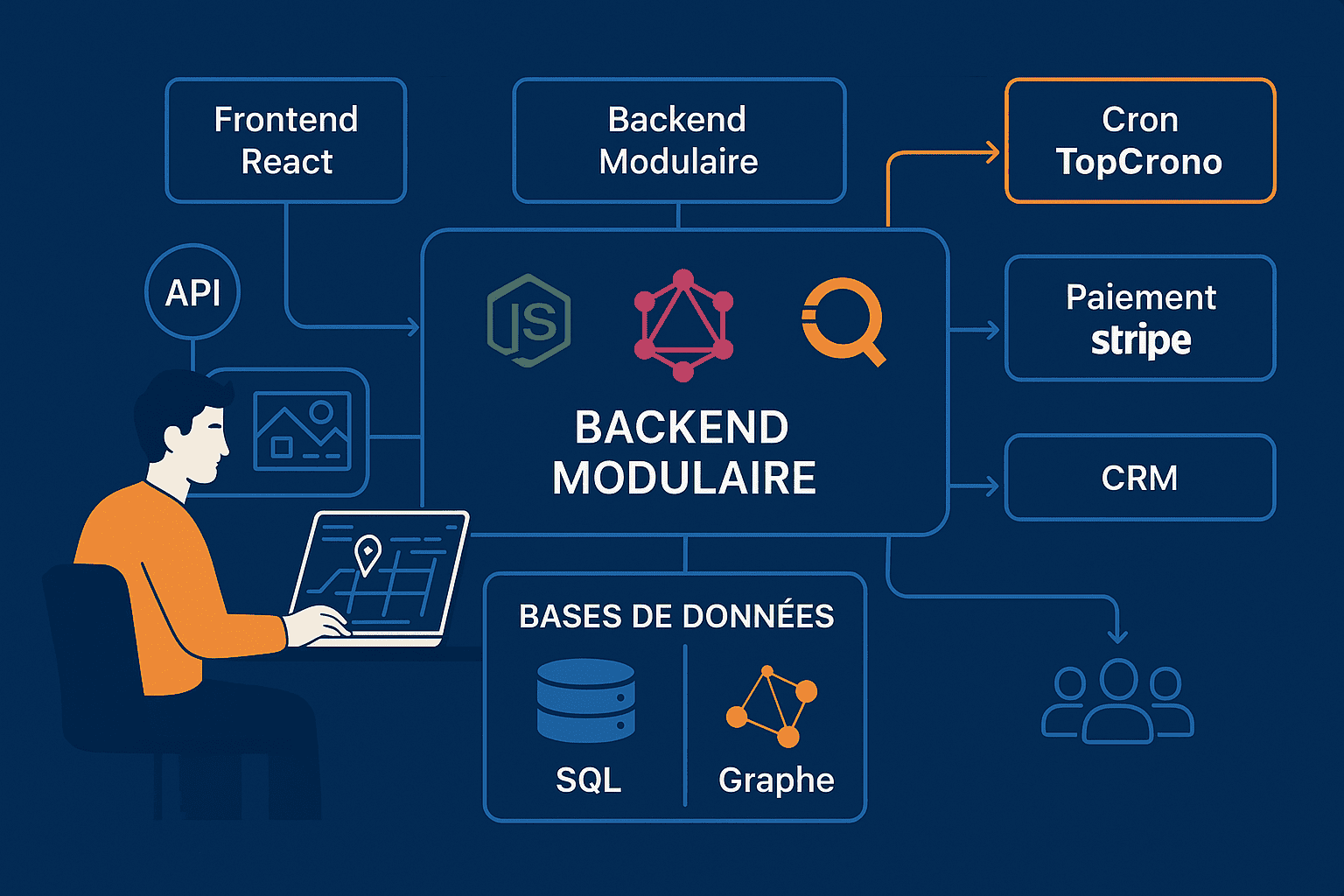 La technologies de nominis: GraphQL, Node.js, SQL, Neo4j, GraphDB, Cron, Stripe, React, API