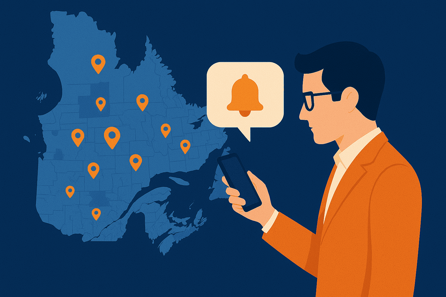 Une carte du Québec avec des points ou couches foncières et l'illustration d’un utilisateur professionnel recevant une alerte TopCrono