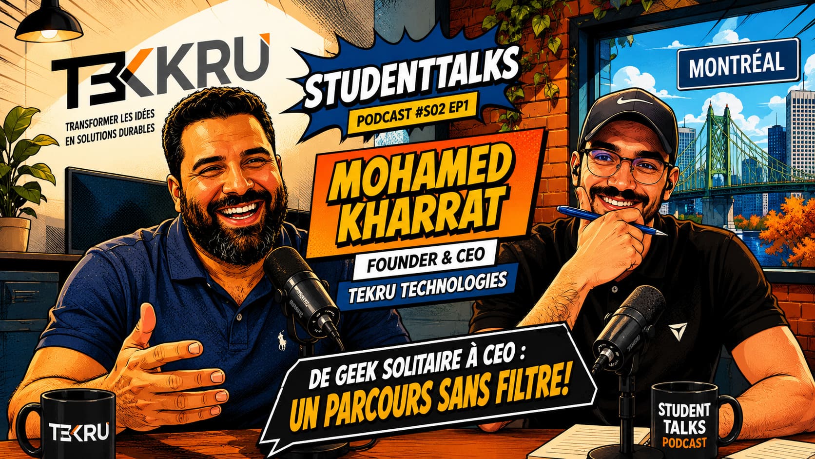 Illustration style bande dessinée du podcast StudentTalks S02 EP1 mettant en scène Mohamed Kharrat, fondateur et CEO de Tekru Technologies, lors d'une entrevue sur son parcours entrepreneurial.