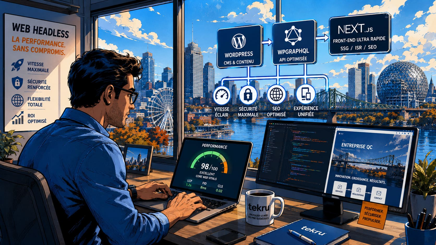Développeur dans un bureau moderne avec vue sur le centre-ville de Montréal, illustrant une architecture Web Headless basée sur WordPress, WPGraphQL et Next.js pour des sites Web rapides, sécurisés et performants.