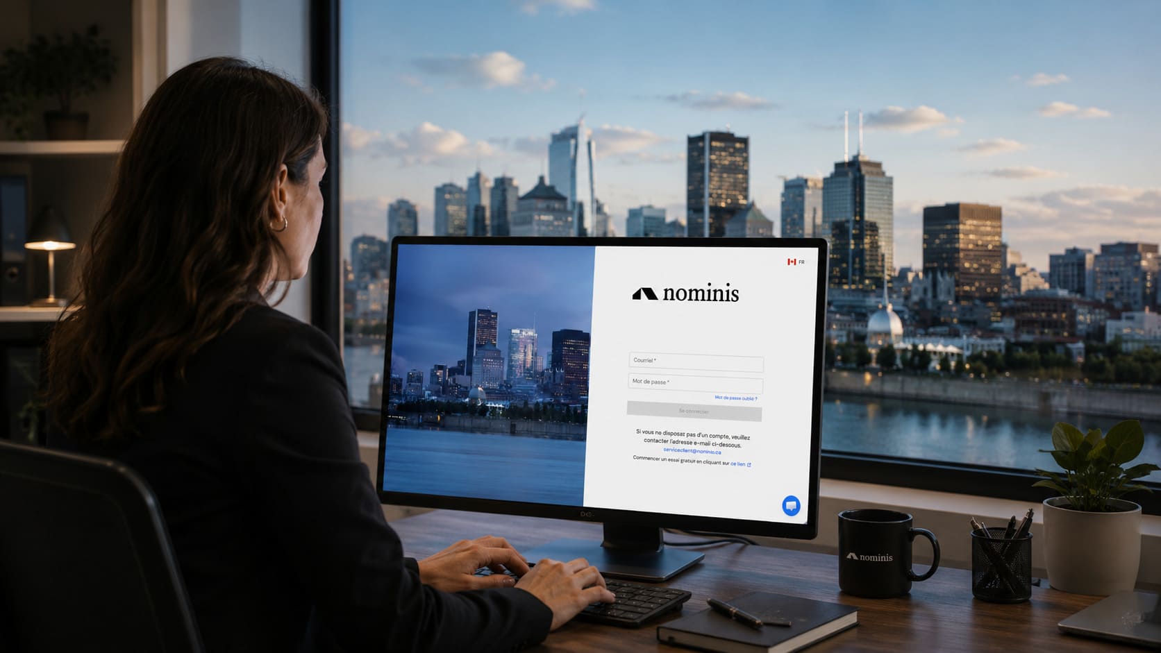 Femme utilisant la plateforme Nominis dans un bureau moderne avec vue sur le centre-ville de Montréal