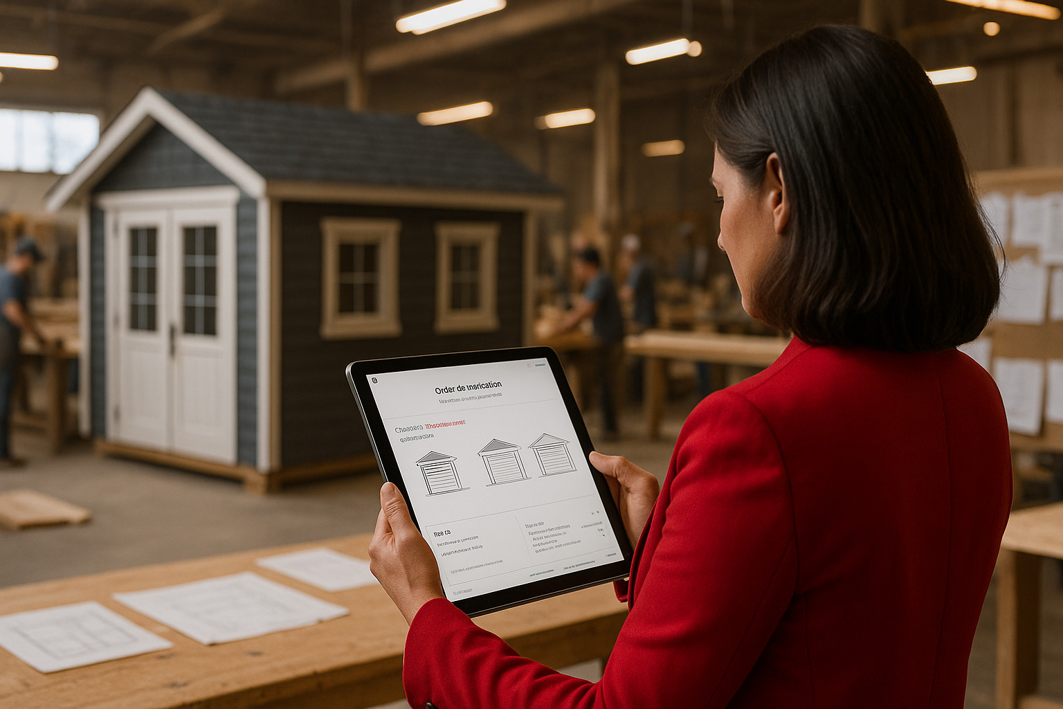 Cheffe d’entreprise vue de dos, vêtue d’un blazer rouge, tient une tablette affichant un ordre de fabrication de cabanon (plans cotés et liste de matériaux). En arrière-plan, l’atelier québécois animé avec un cabanon moderne et des ouvriers au travail.