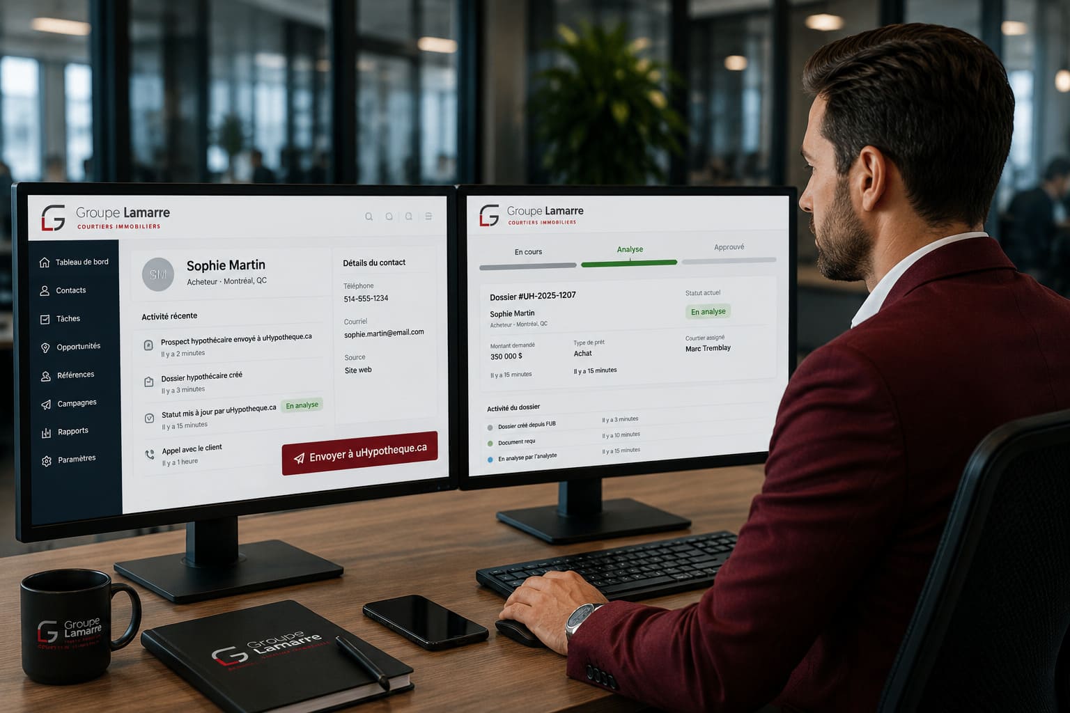 Courtier immobilier utilisant une intégration automatisée entre Follow Up Boss FUB et uHypotheque.ca pour le suivi des prospects hypothécaires chez Groupe Lamarre