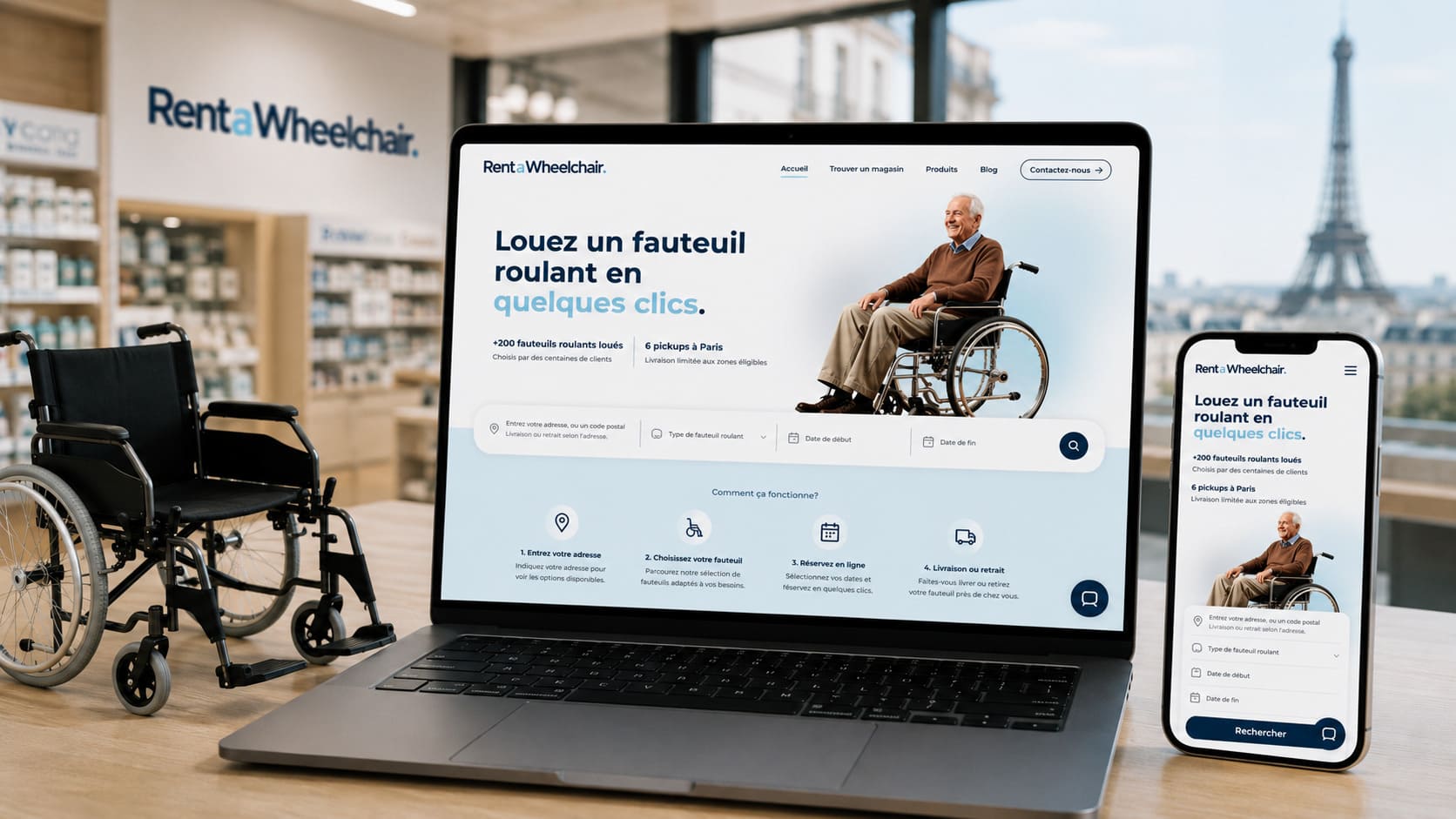 Capture de la plateforme Rent a Wheelchair développée pour Bastide, montrant l’expérience de location de fauteuils roulants en ligne sur ordinateur et mobile avec géolocalisation des points de retrait à Paris.