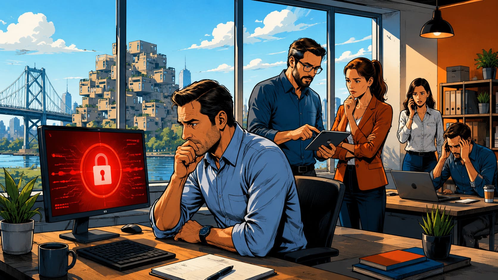 Illustration de style DC Comics représentant une PME québécoise confrontée à une cyberattaque par rançongiciel, avec un dirigeant devant un écran verrouillé, une équipe préoccupée et un expert en cybersécurité dans un bureau moderne avec le skyline de Montréal.